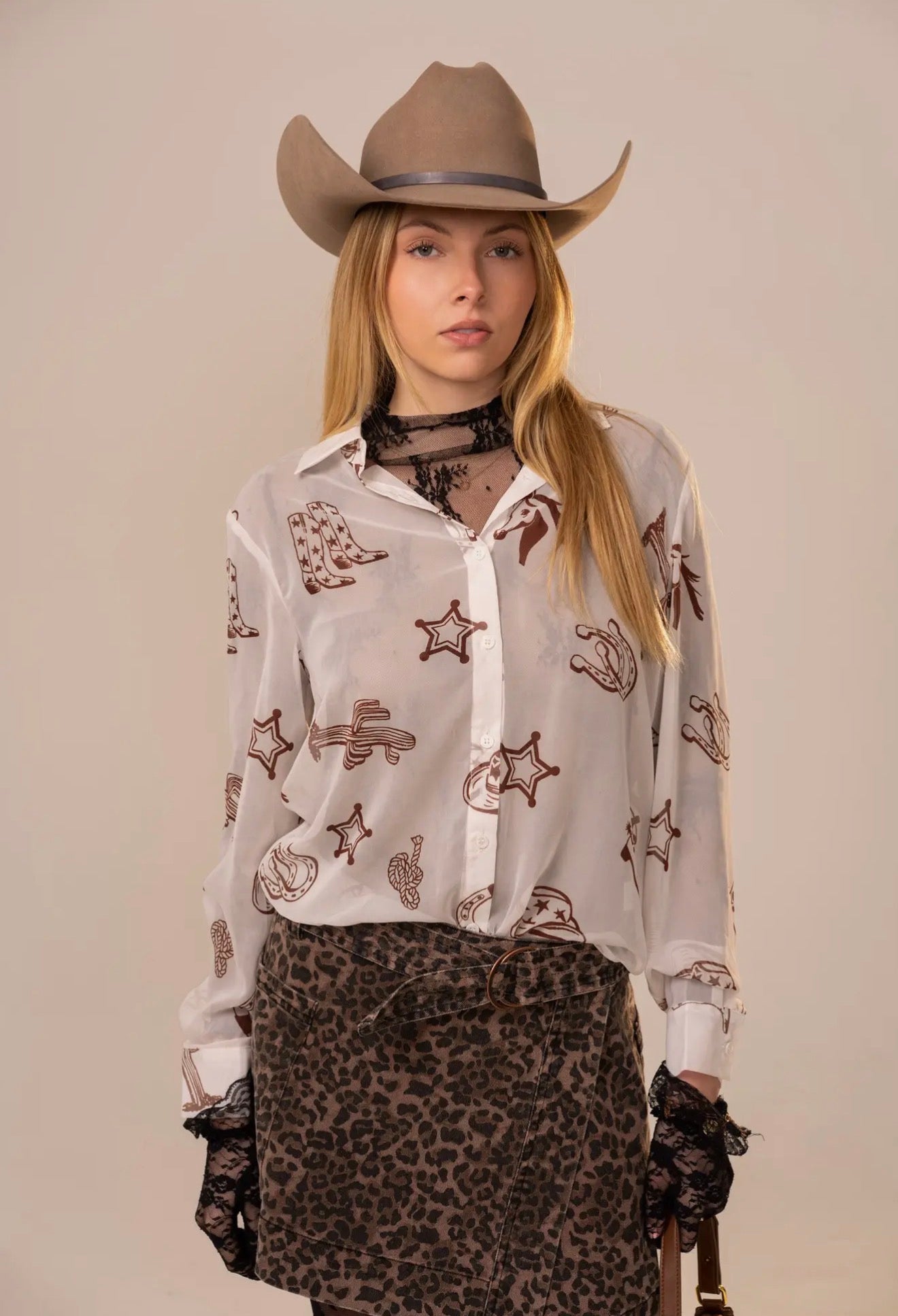Chiffon Western Print Button-Up Blouse