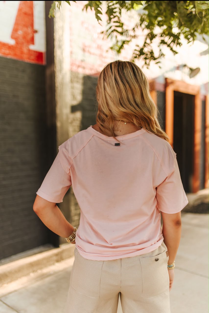 PINK WESTERN - CAMEL EMBROIDERED SHORT SLEEVE UNFINISHED HEM DETAIL SHIRT