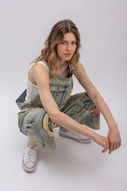 Star And Peace Patchwork Denim Bib Overalls