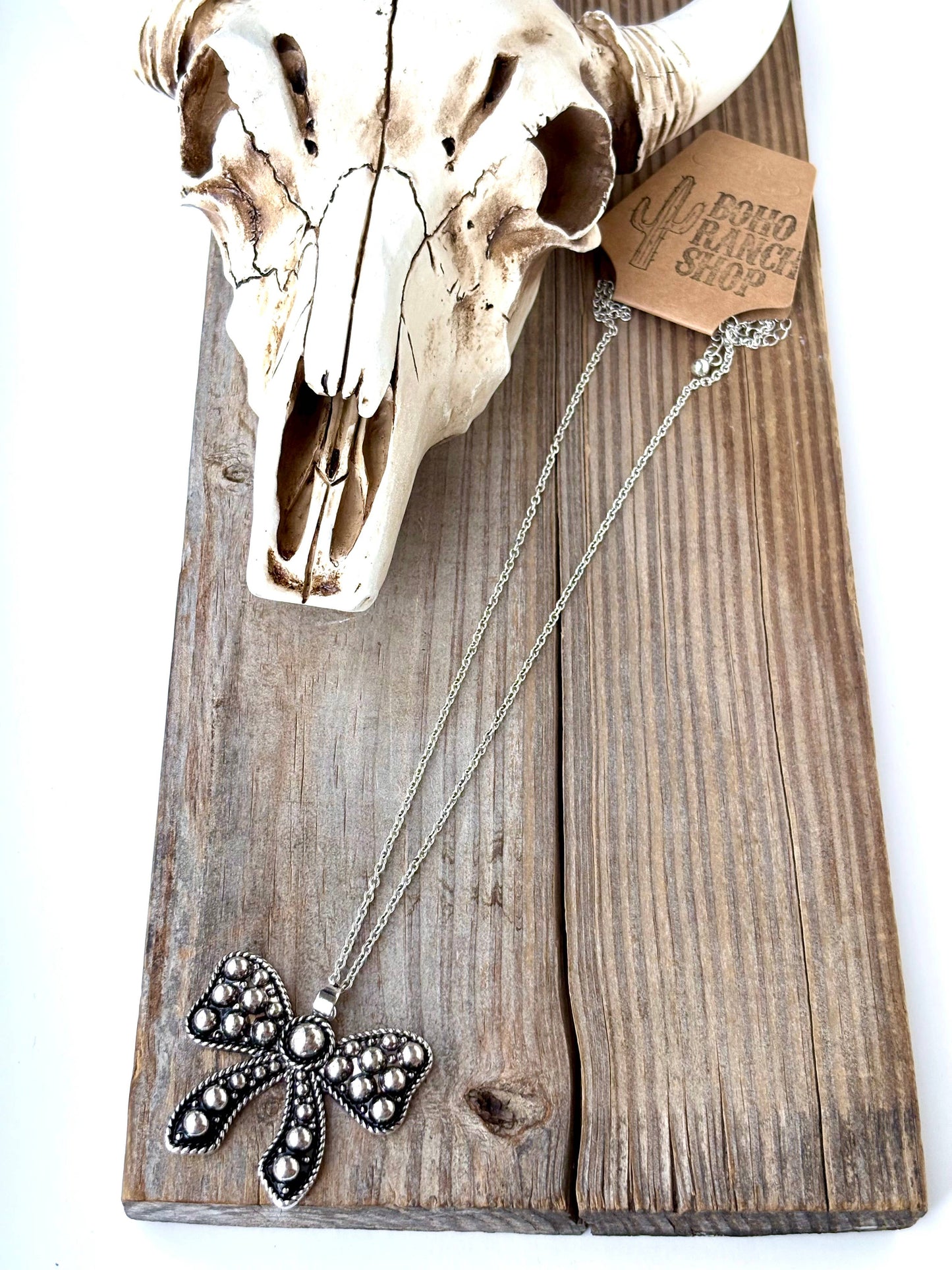 Western Style Embossed Coquette Bow Pendant Necklace