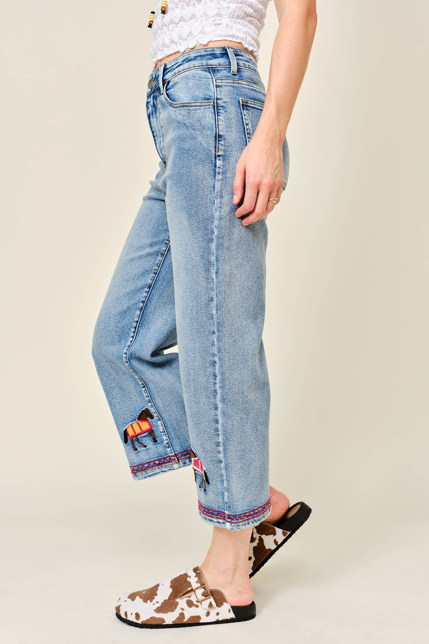 Horse Embroidered Cropped Denim