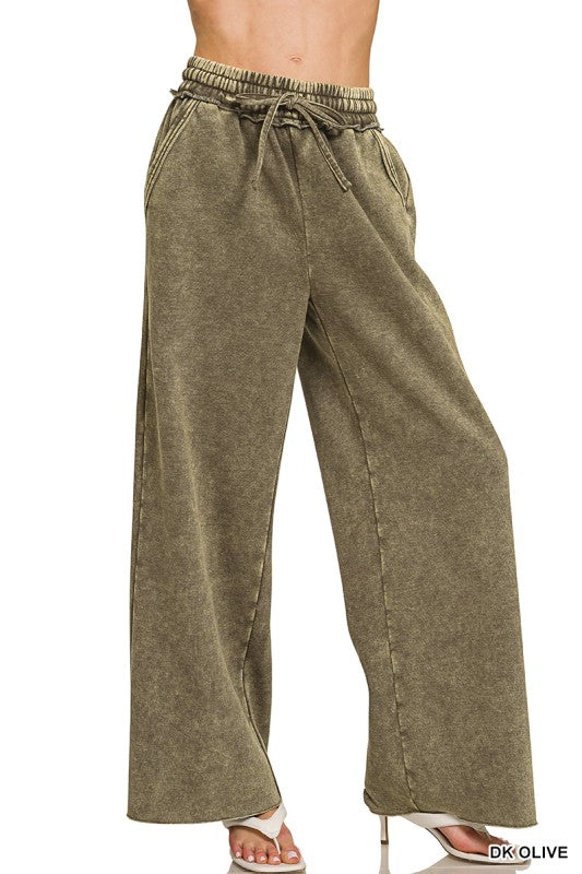 Acid Wash Fleece Palazzo Sweatpants With Pockets