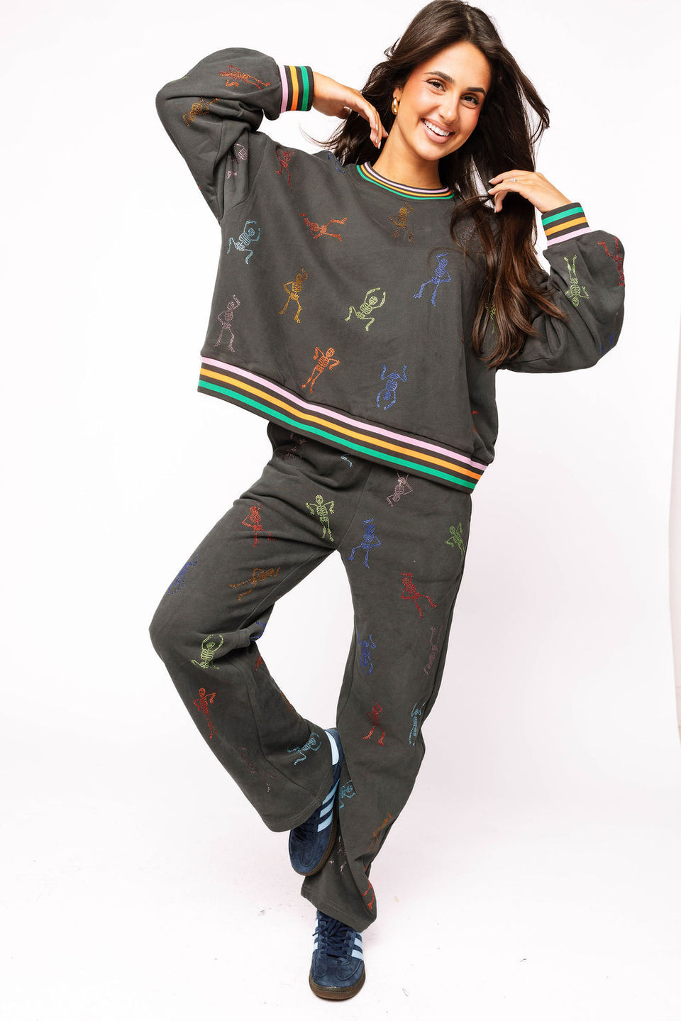 Queen Of Sparkles Charcoal Multi Skeleton Striped
Trim Sweatshirt OR Sweatpant