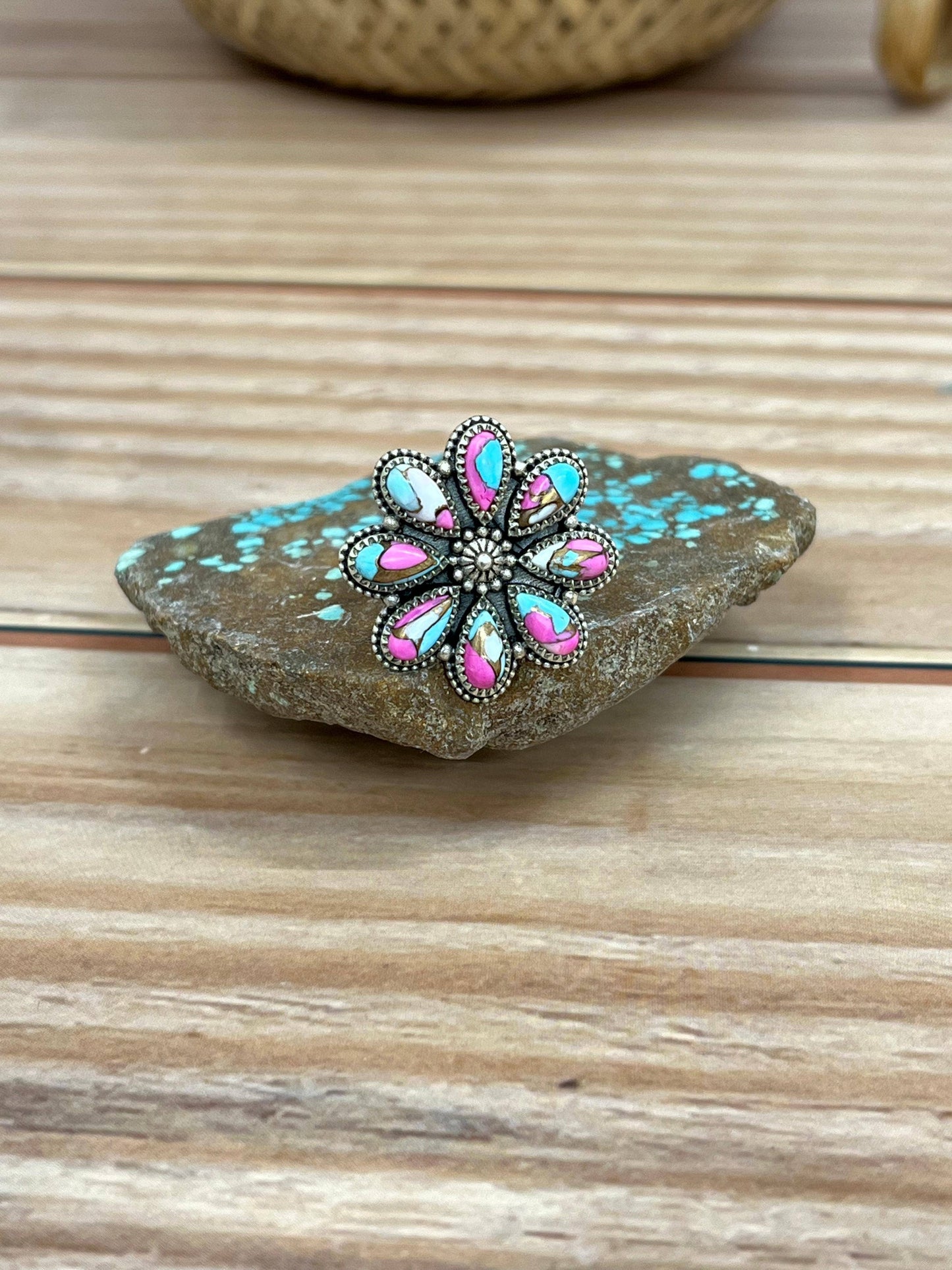 Handmade Sterling Silver Cotton Candy Turquoise Adjustable Ring with Signed Nizhoni