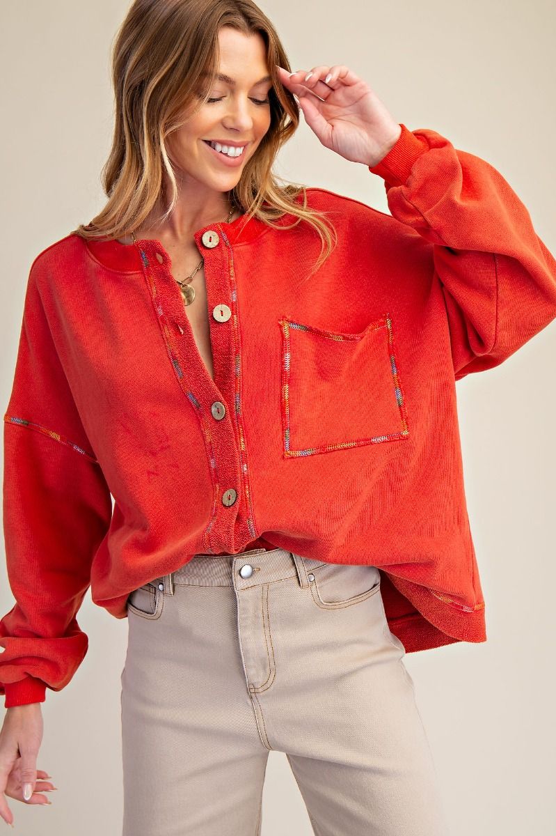 WASHED BUTTON DOWN TERRY CARDIGAN