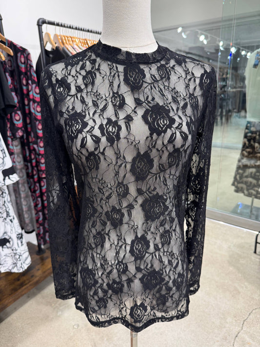 Black Floral lace mesh layering long sleeve top