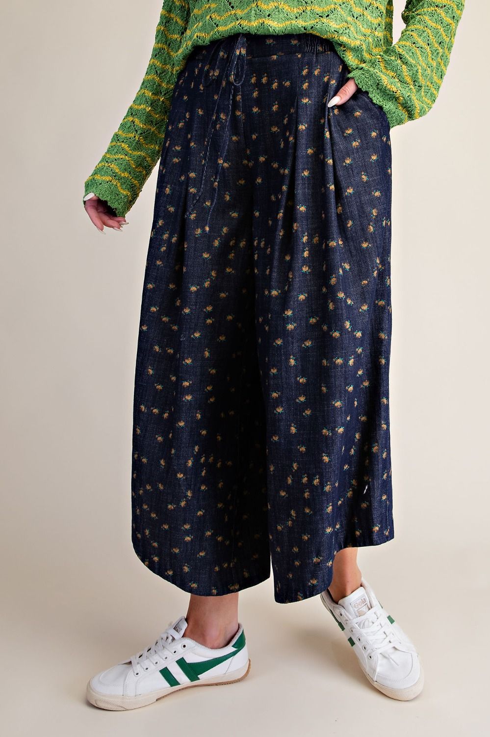 FLORAL PRINT WASHED WIDE LEG PANTS