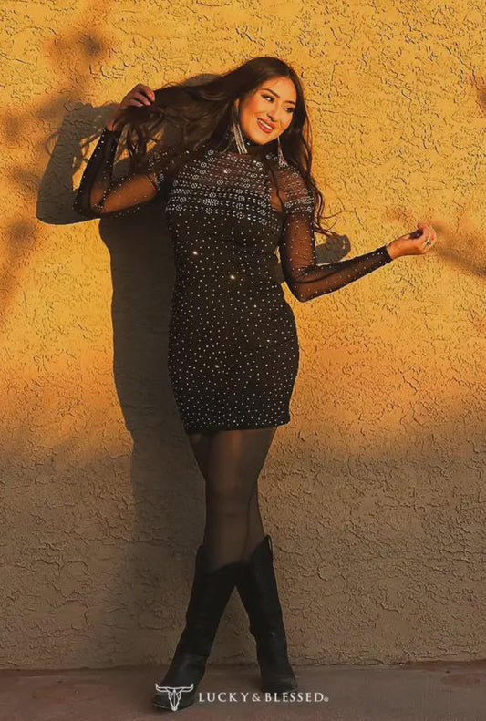 Black Rhinestone Studded Long Sleeve Dress