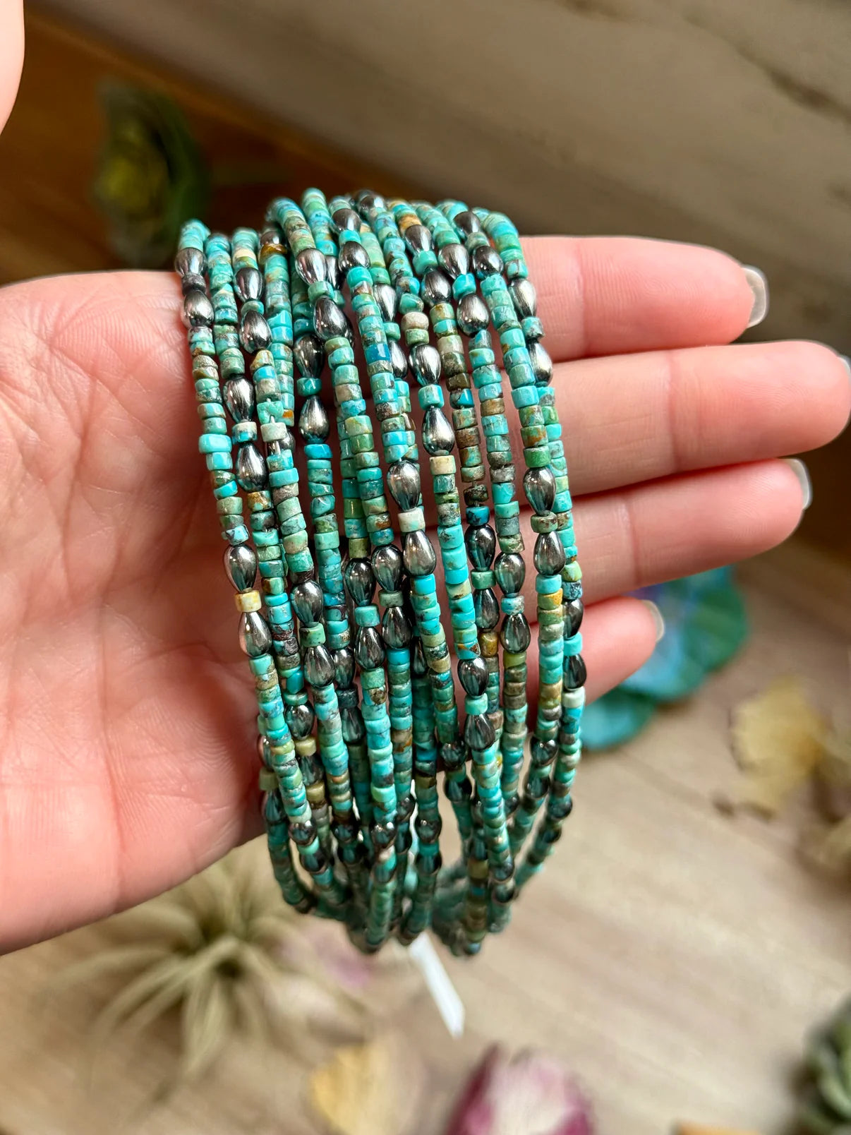 Turquoise Heishi Necklace with Pear Shape Pendant – 14”