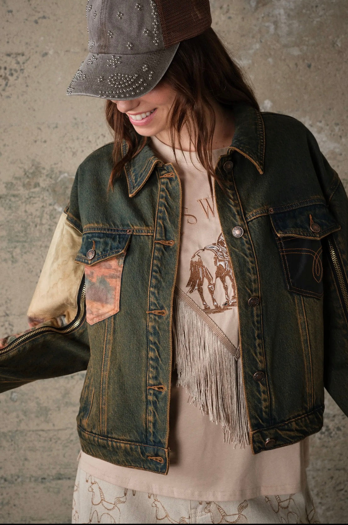 Western Print Mix Denim Jacket