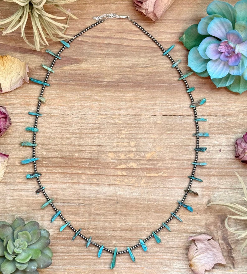 Sterling Silver Pearl & Turquoise Long Chip Necklace