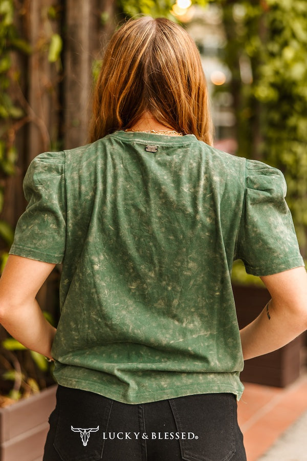 GREEN OLIVE MINERAL WASH COWBOY EMBROIDERED PUFF
SHORT SLEEVE TOP