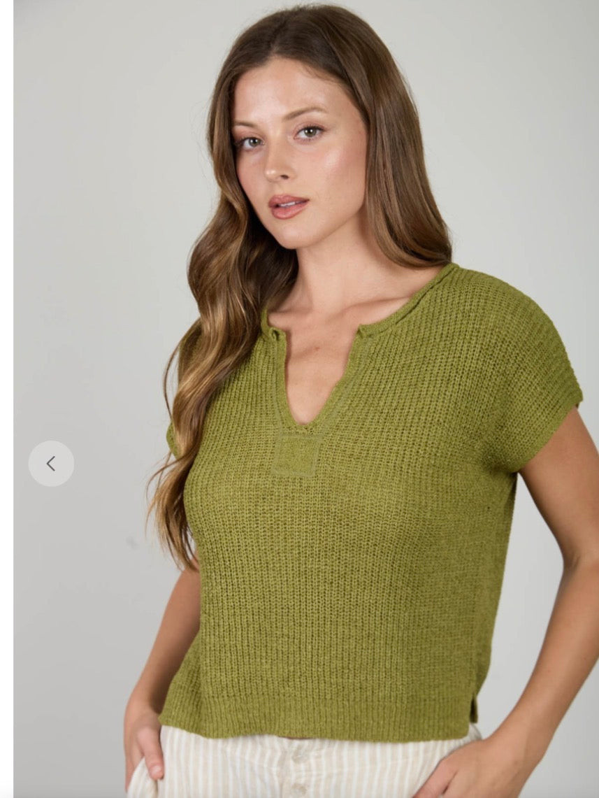 Green Split Neck Knit Top