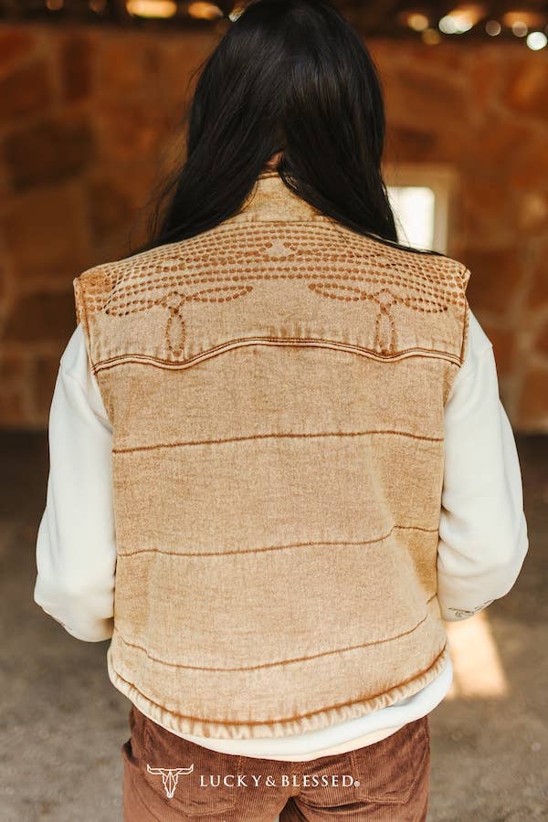 Denim Puffer Studded Button Down Vest