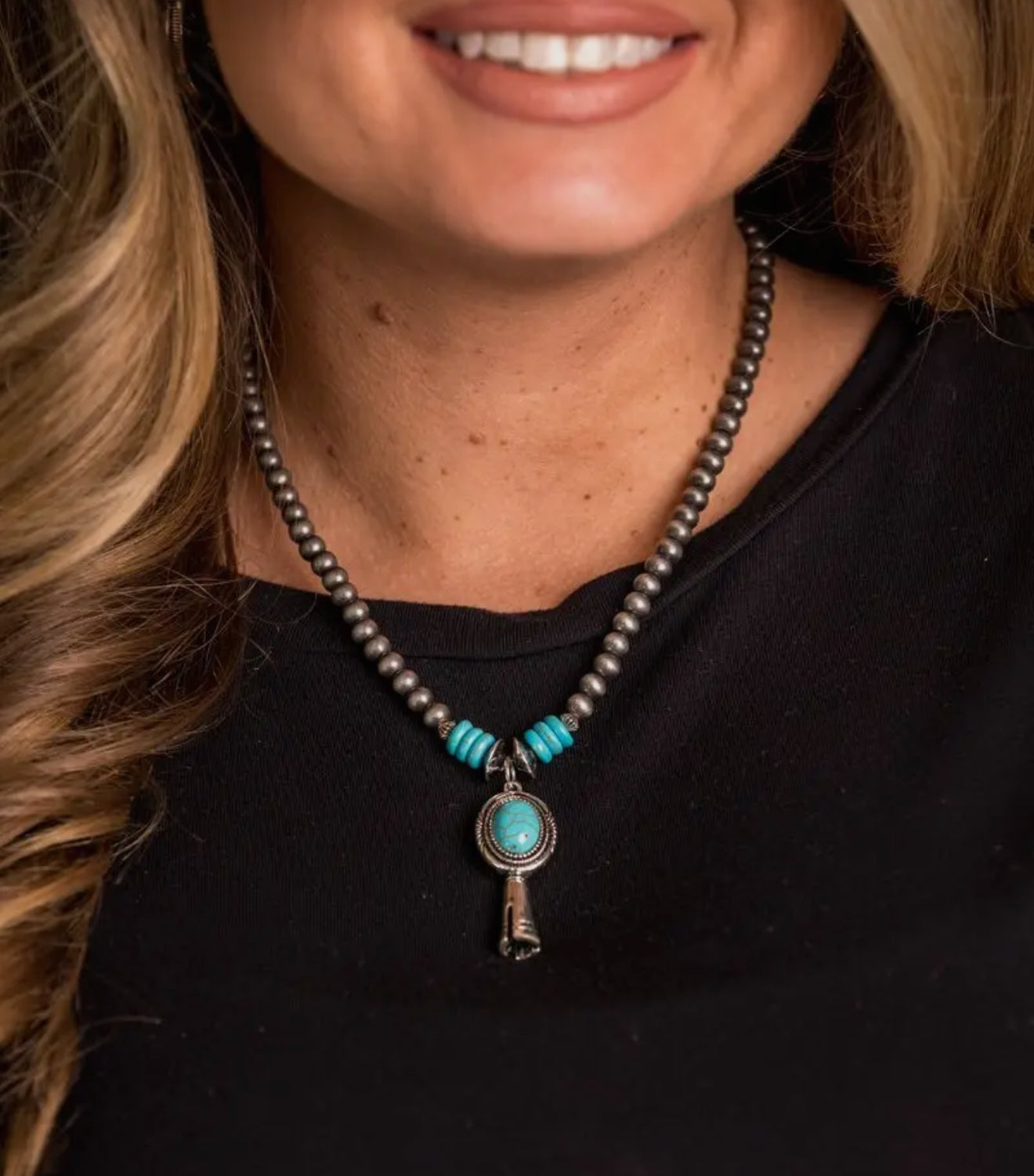 18" Faux Navajo Pearl Necklace w/ Turquoise Blossom Pendant