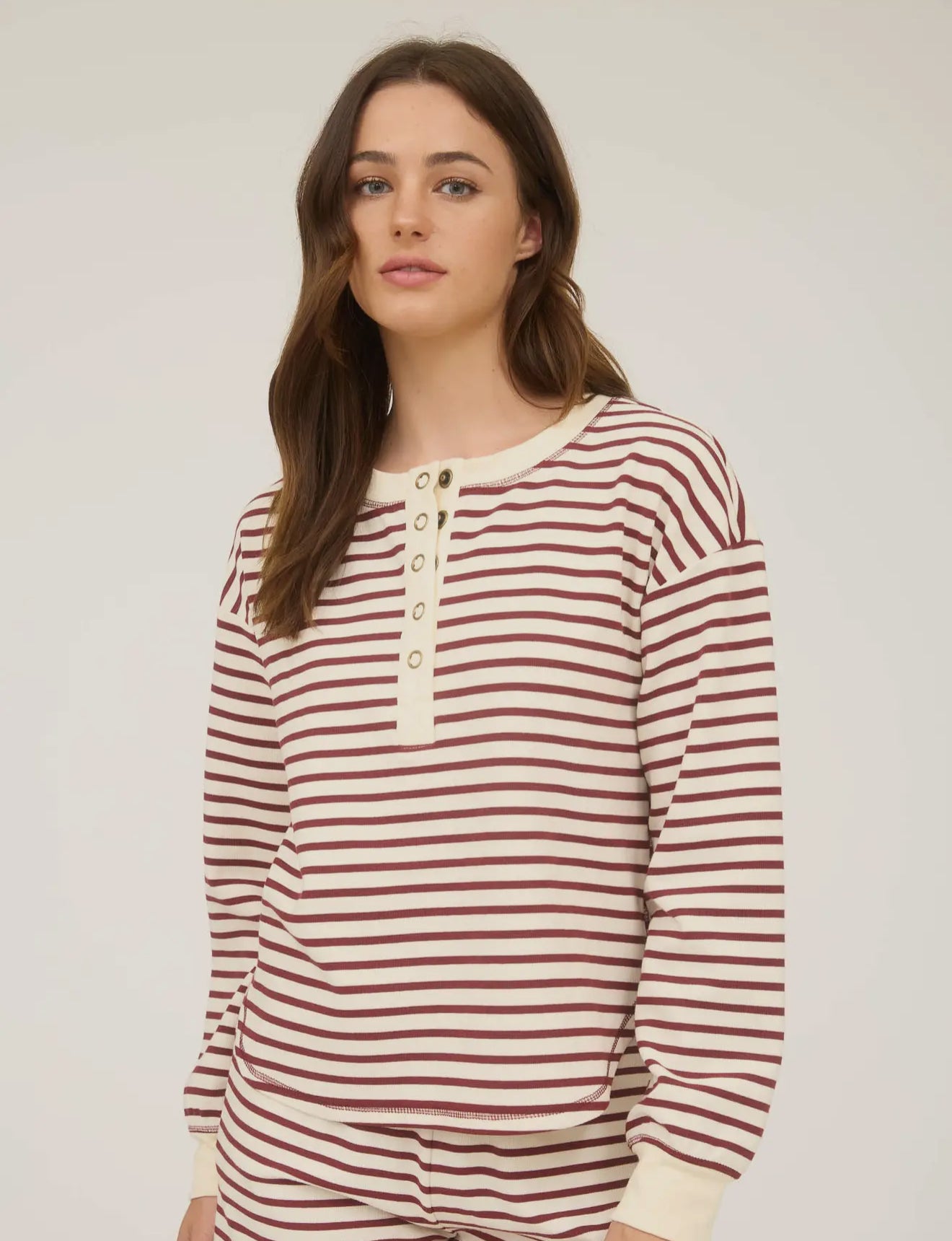Stripe Henley Snap Button Long Sleeve
Knit Top