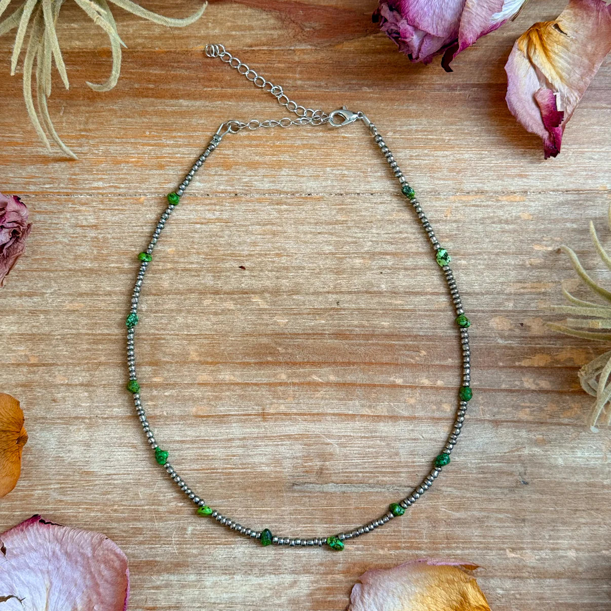 Green Turquoise Glass Seed Bead
Necklace - 14 Inch