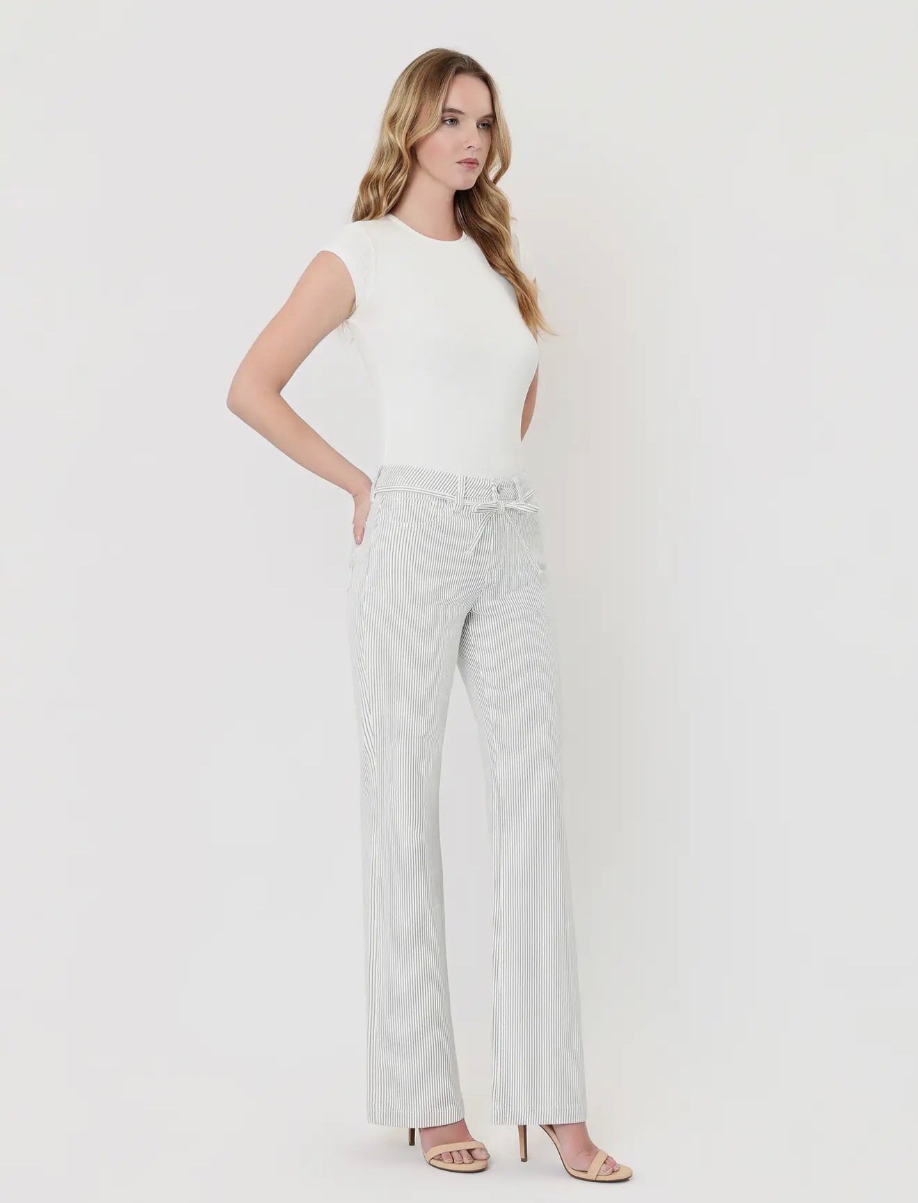 High Rise Waist Tie Striped Vintage Flare Jeans