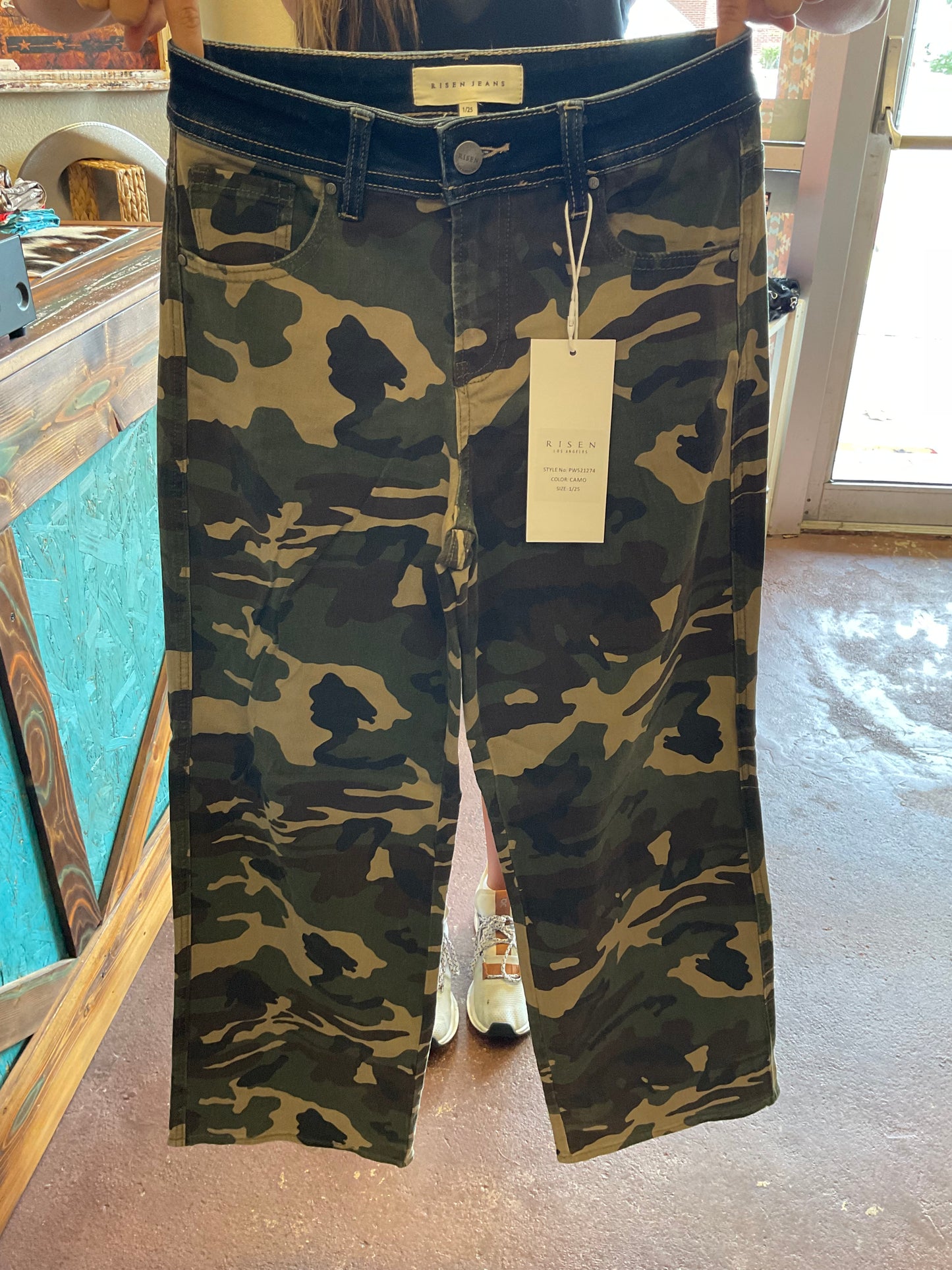 Denim Band Camo Mid Rise Straight Jeans