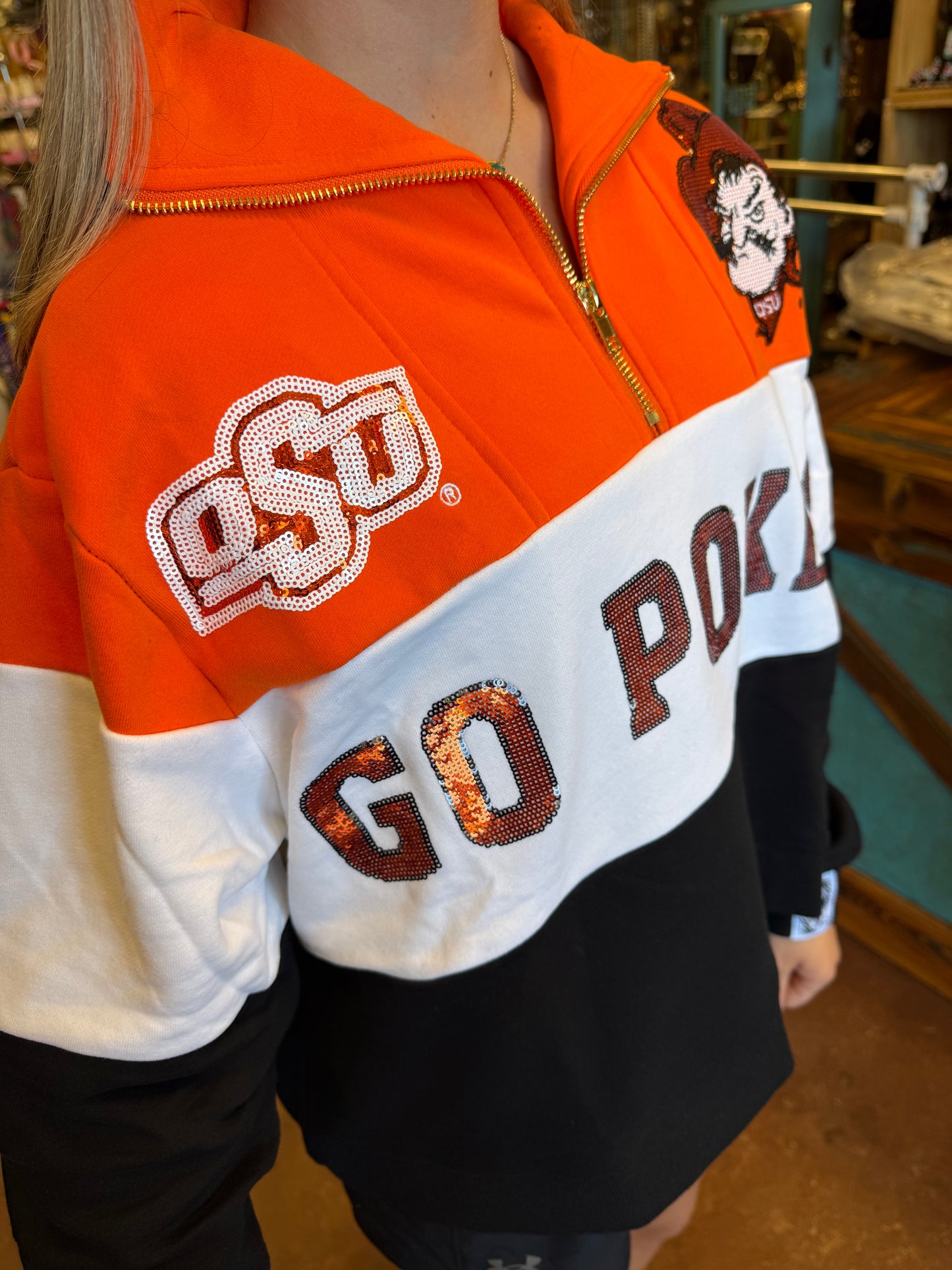 Queen Of Sparkles ✨Licensed OK State Quarter Zip
Colorblock Sweatshirt