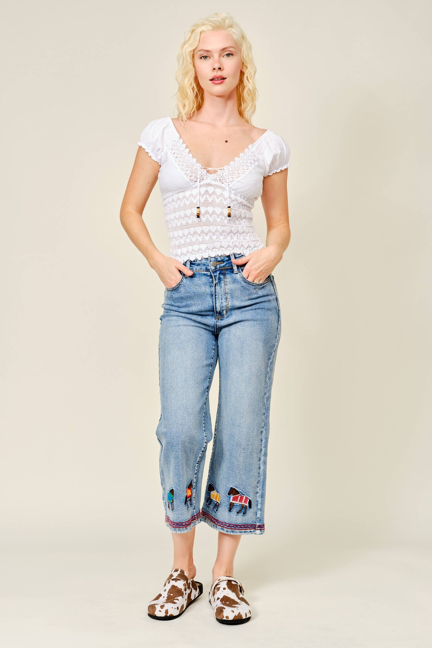 Horse Embroidered Cropped Denim