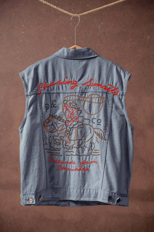 Western Sunset Embroidered Denim Vest
