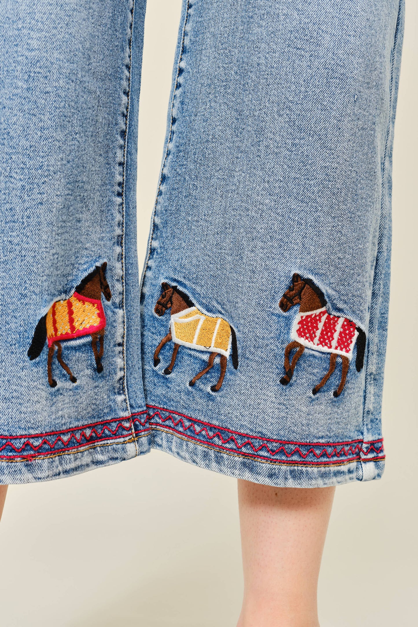 Horse Embroidered Cropped Denim