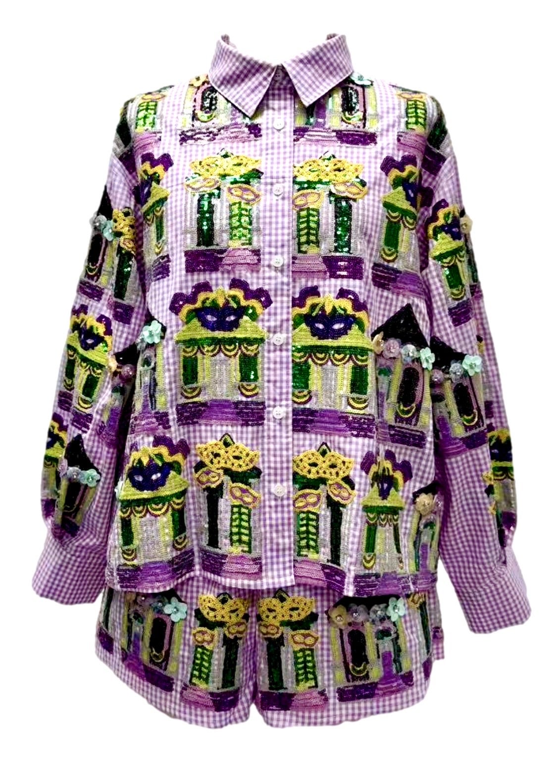 Queen Of Sparkles Purple & White Diamond Mardi Gras Porches Button Up