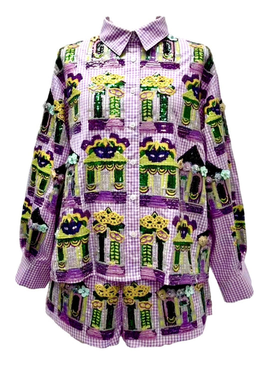 Queen Of Sparkles Purple & White Diamond Mardi Gras Porches Button Up