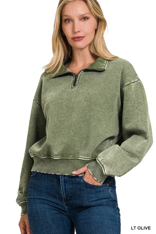 ACID WASH FLEECE HALF ZIP PULLOVER