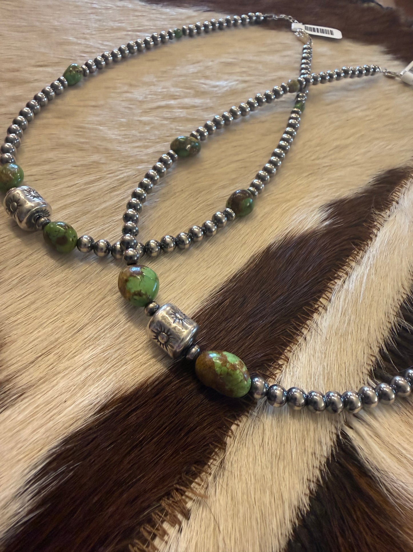Rare Sonoran Gold Turquoise & Sterling Silver Barrel Bead Necklace