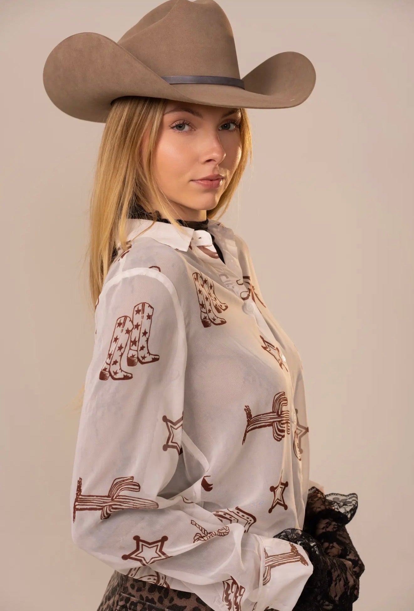 Chiffon Western Print Button-Up Blouse