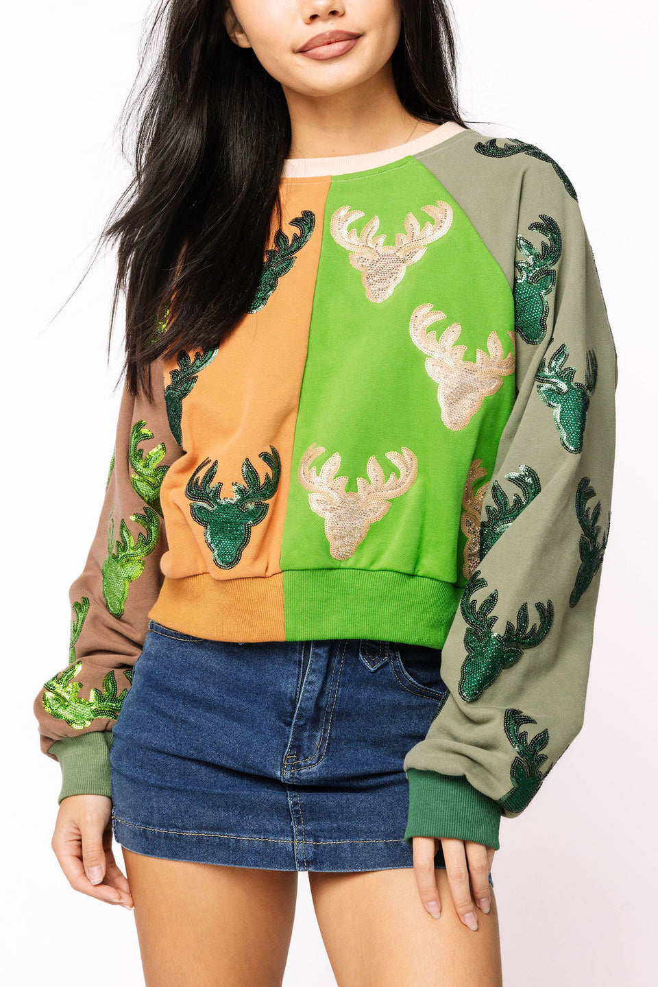 Queen Of Sparkles Colorblock Deer Print Sweatshirt