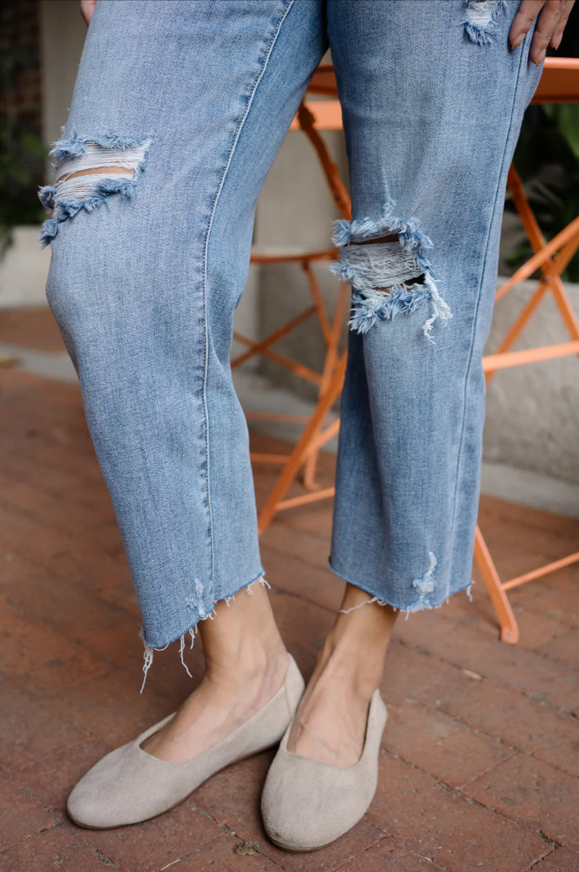 Celeste High Rise With Distressed Crop Wide Leg