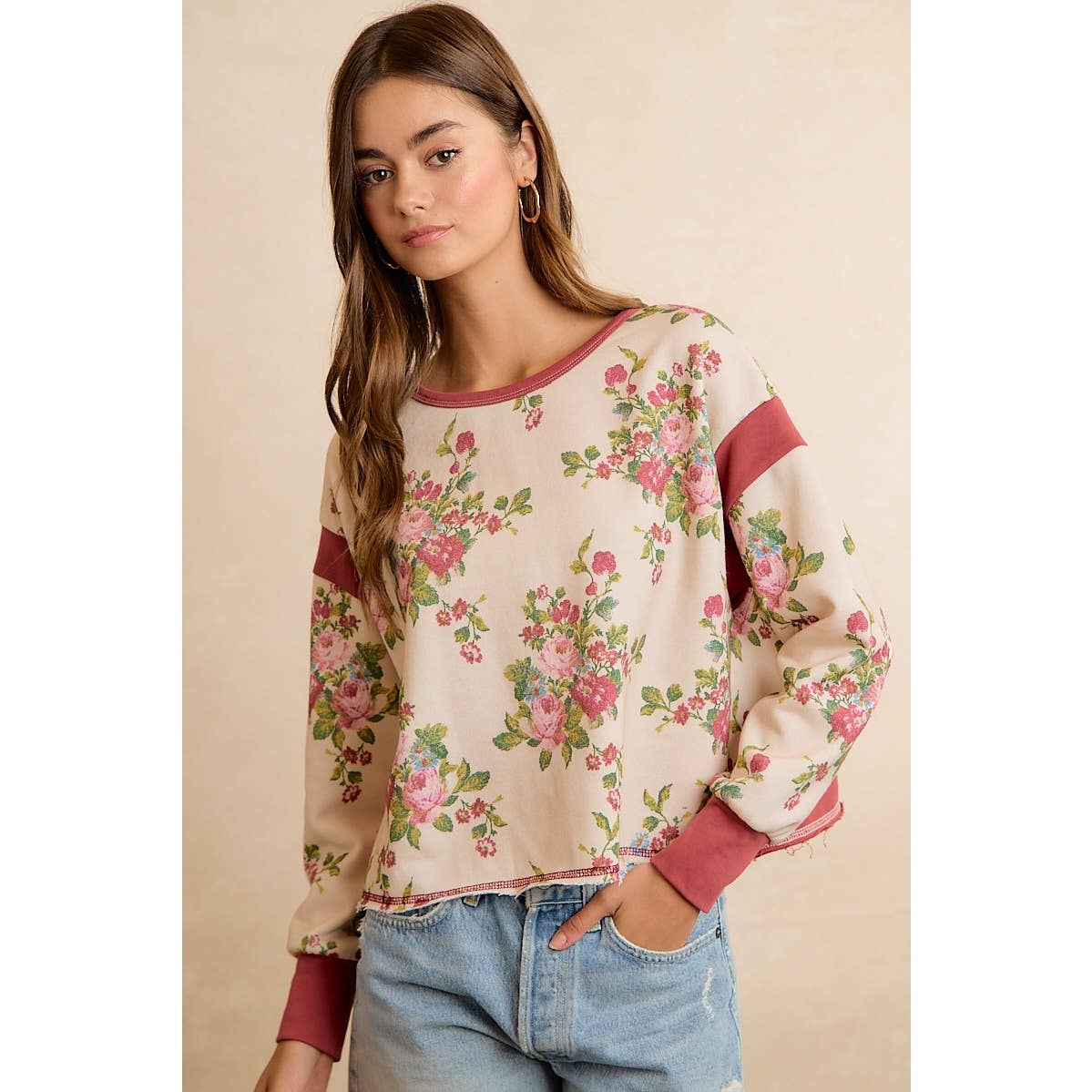FLORAL BRUSHED TERRY OPEN BACK LONG SLEEVES TOP