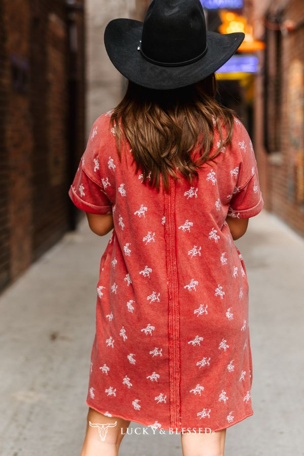 BURGUNDY RED MINERAL WASHED HORSE PRINTED DRESS