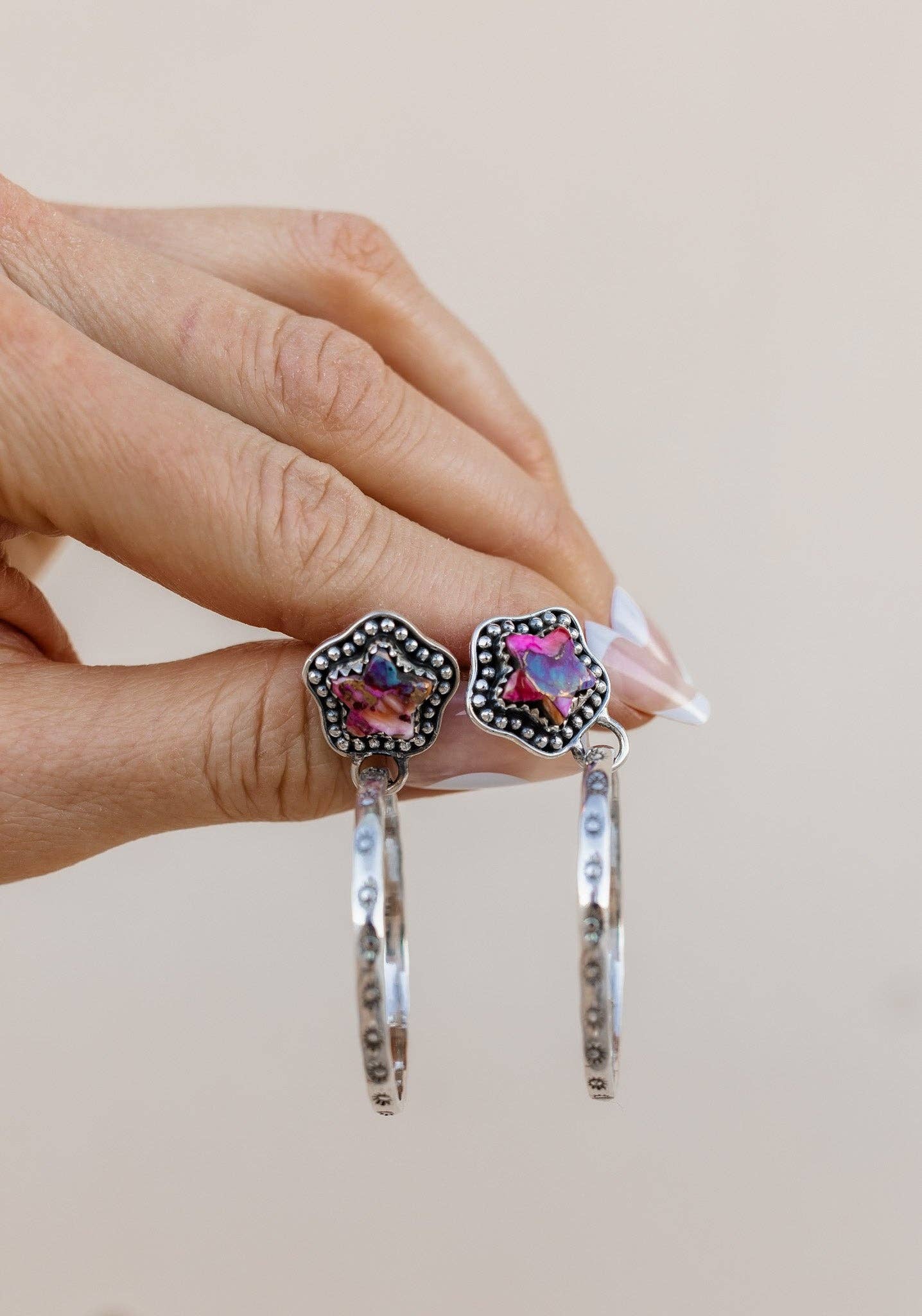 Star Stamped Hoop Sterling Silver Stone Earring