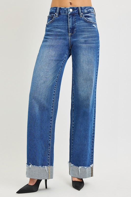 Risen Wide Leg Cuffed Jeans
