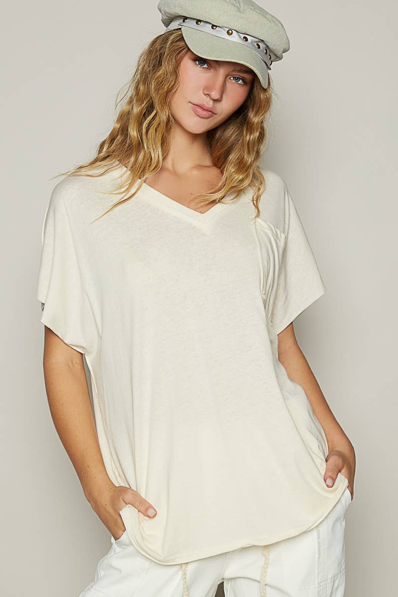 Oversized v-neck front pocket short sleeve solid top SALE