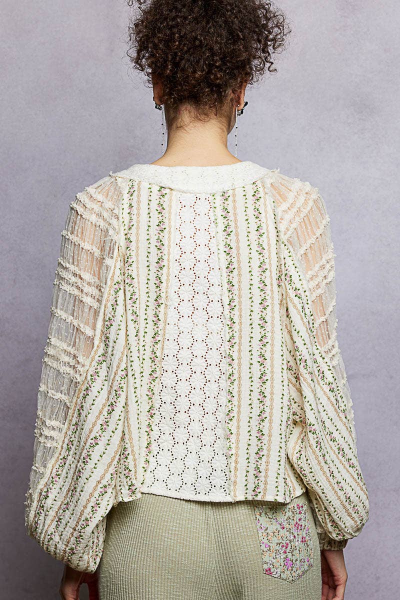 Long Sleeve V neck Lace Contrast Printed Woven Top