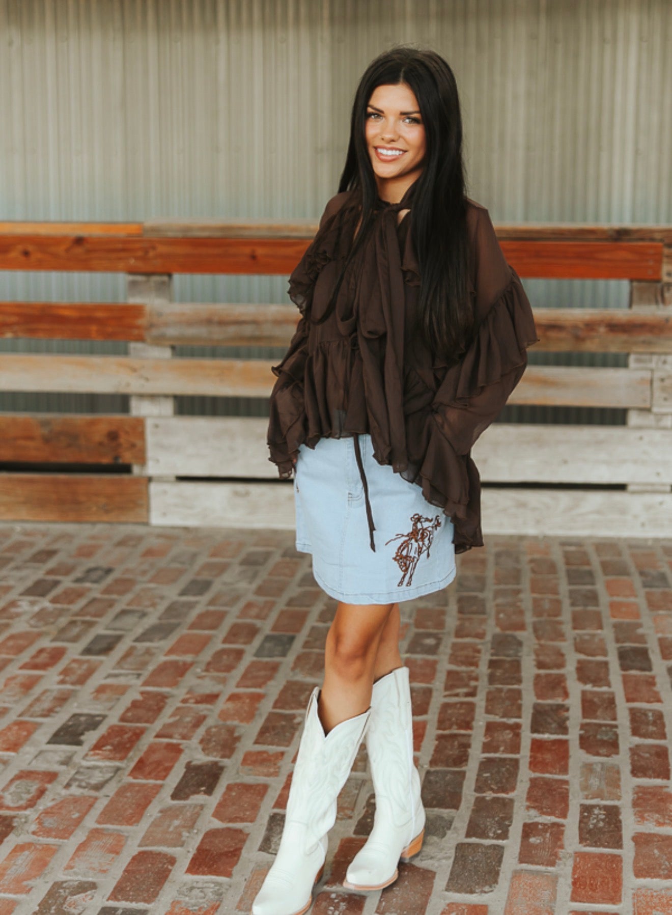 SHEER RUFFLE TIE NECK WESTERN BLOUSE