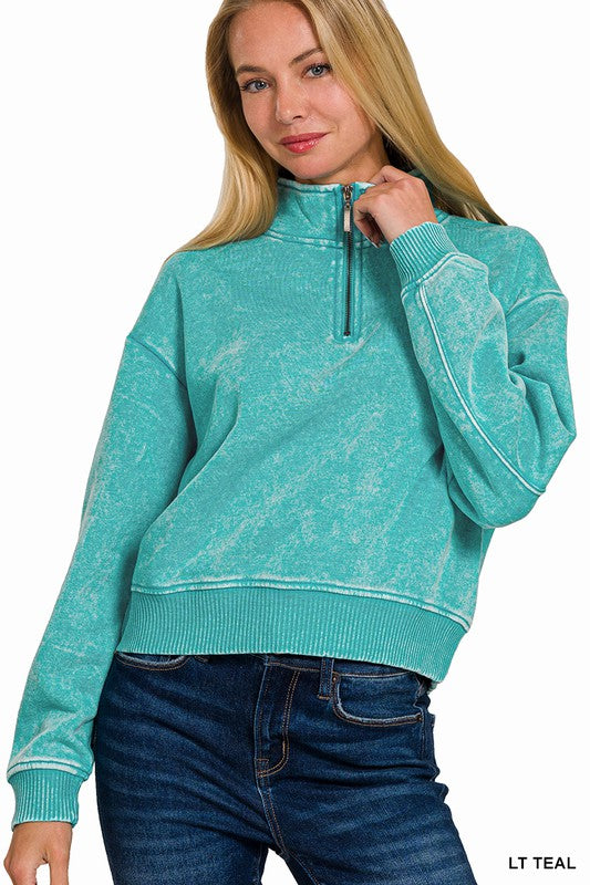 ACID WASH FLEECE HALF ZIP PULLOVER