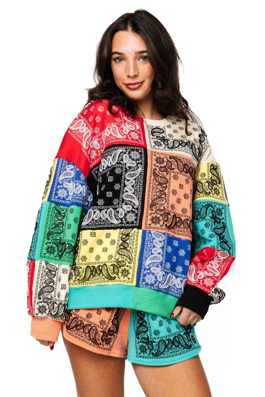 Queen Of Sparkles MULTI COLORBLOCK BANDANA SWEATSHIRT or SHORTS