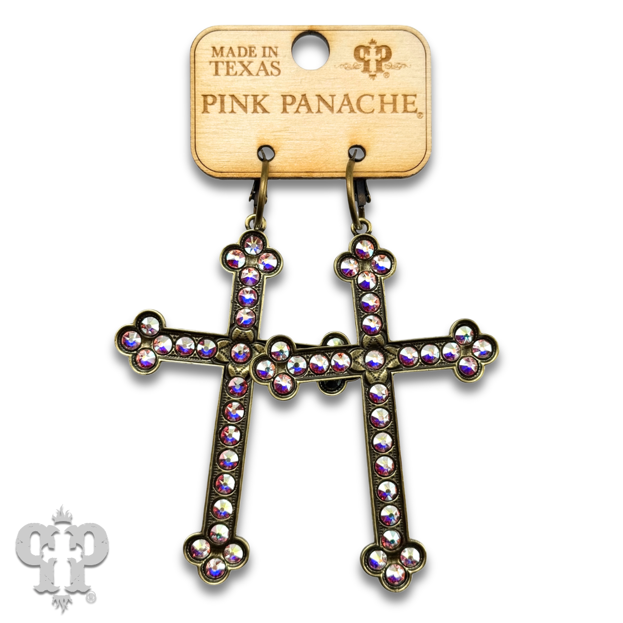 Large gold cross earring with Austrian crystals