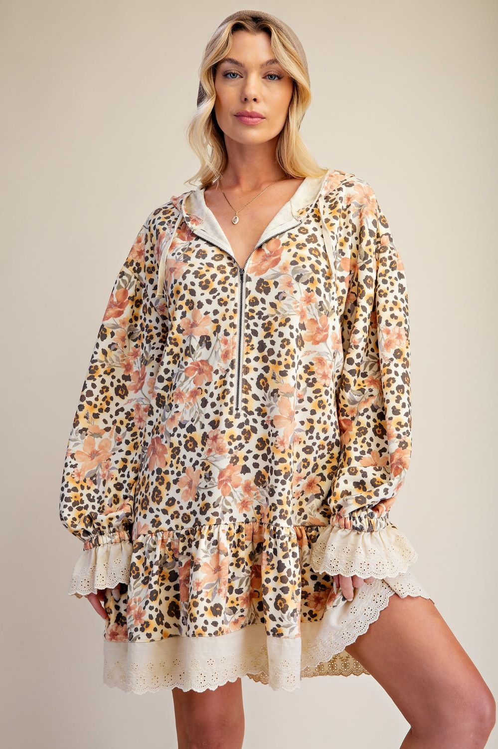 ANIMAL PRINTED RUFFLE BOTTOM ZIP UP TUNIC DRESS