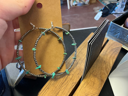 Genuine Turquoise Faux Silver Hoop Earrings