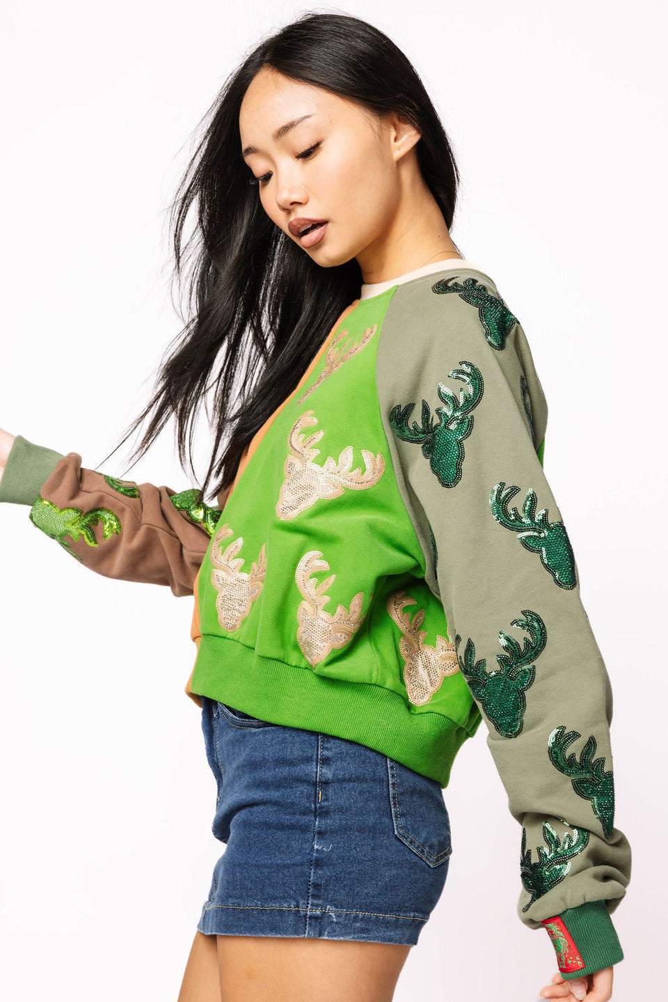 Queen Of Sparkles Colorblock Deer Print Sweatshirt