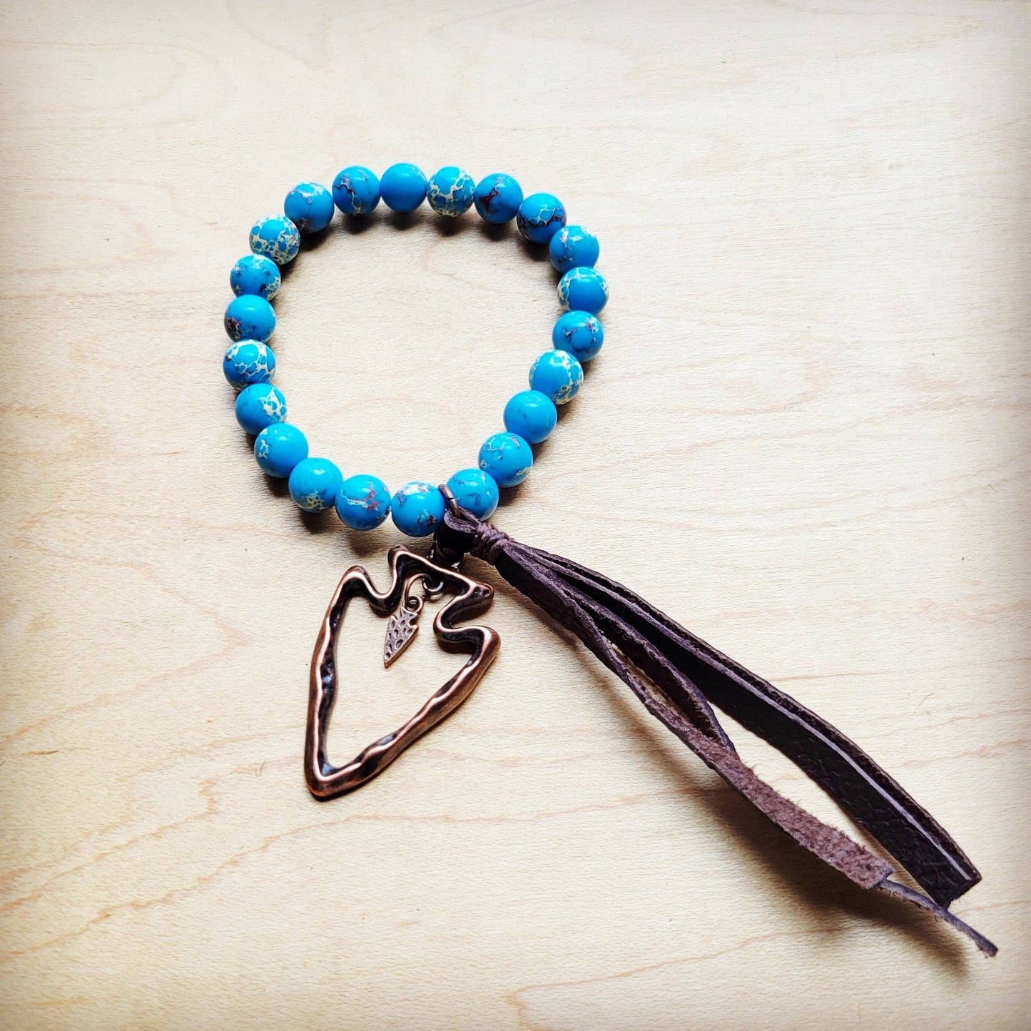 **Ocean Agate Beaded Bracelet Leather Tassel Arrowhead 810k