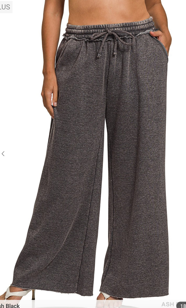 Acid Wash Fleece Palazzo Sweatpants With Pockets (Plus)