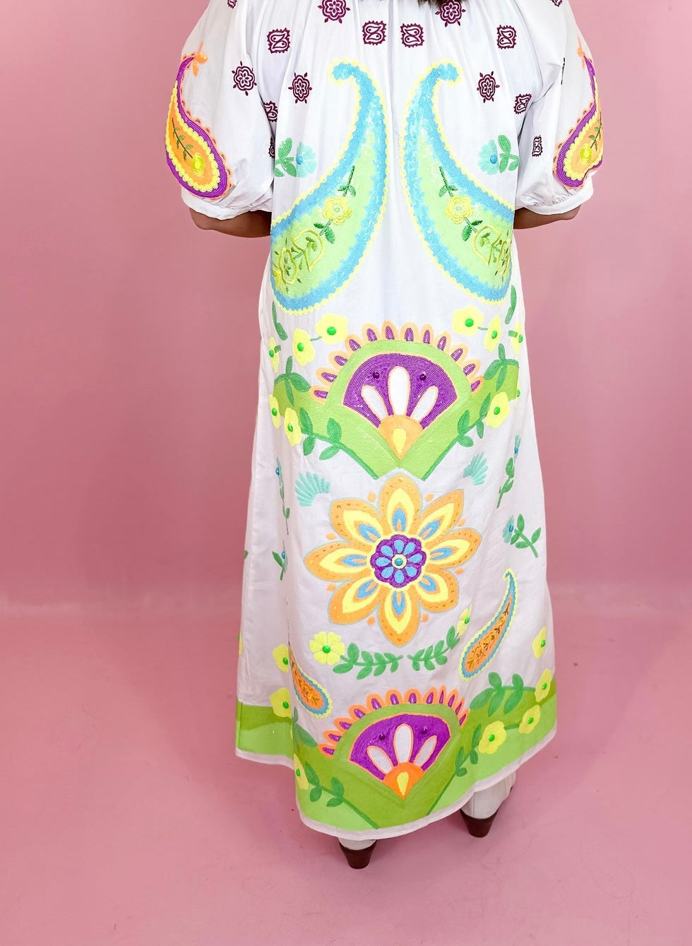 QUEEN OF SPARKLES WHITE & NEON PAISLEY BUTTON UP COTTON MIDI DRESS